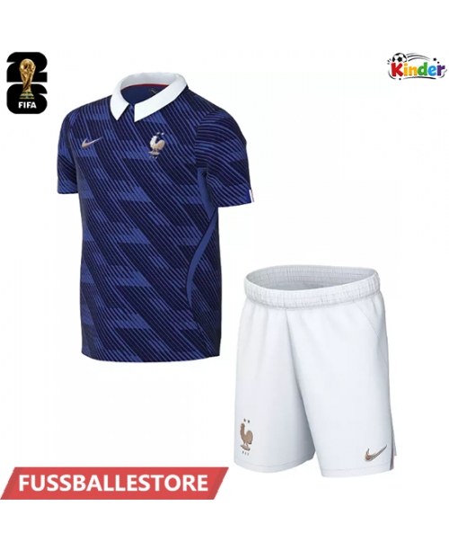Günstige Frankreich Heimtrikotsatz Kinder WM 2026 Kurzarm (+ Kurze Hosen)
